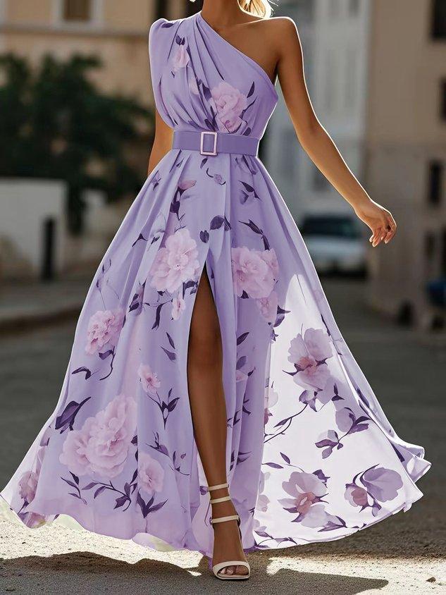 Julie | Robe Maxi Chiffon Fleurie Vert Clair à Une Épaule