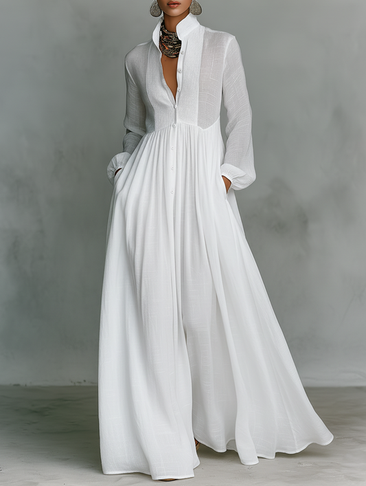 Elisa - Robe Maxi Minimaliste avec Patchwork, Col Haut et Manches Longues