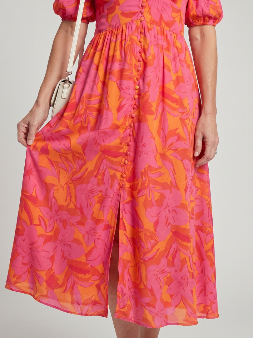 Zarelle | Bold Floral Puff Sleeve Midi Dress