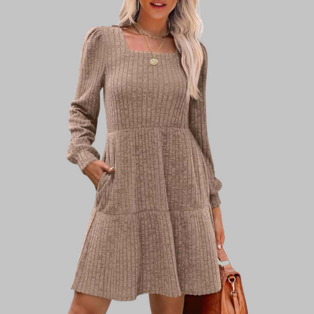 ULAN™ - Casual Square Neck Long Sleeve Midi Dress