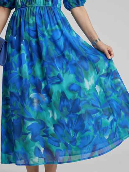 Candlia | Robe Midi à Manches Bouffantes et Imprimé Abstrait en V