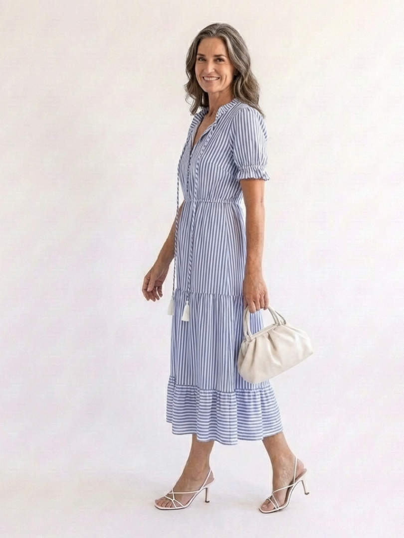 Dakota | Robe midi à manches courtes à rayures en couches