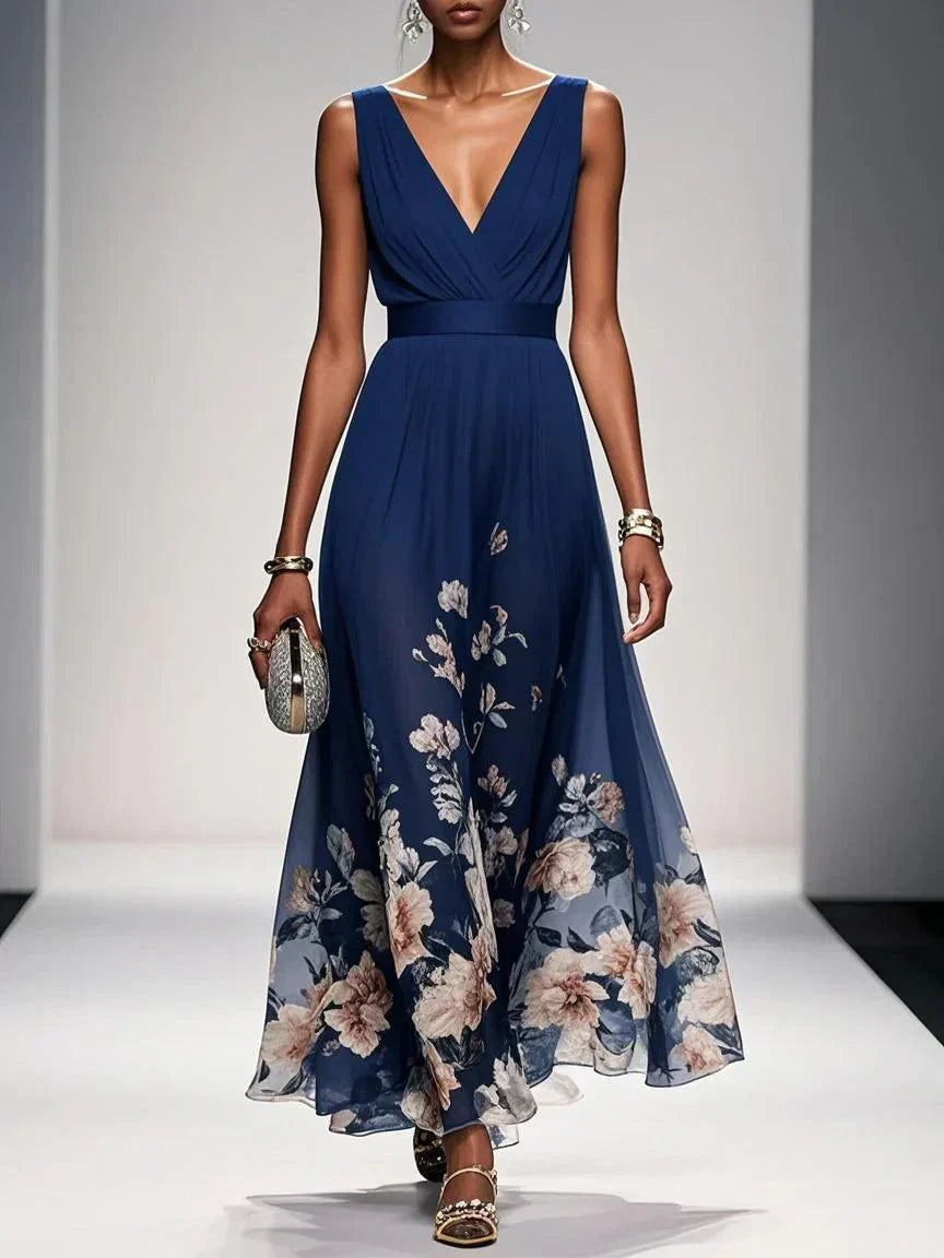 Robe Maxi V-Neck en Chiffon Floral Bleu Clair