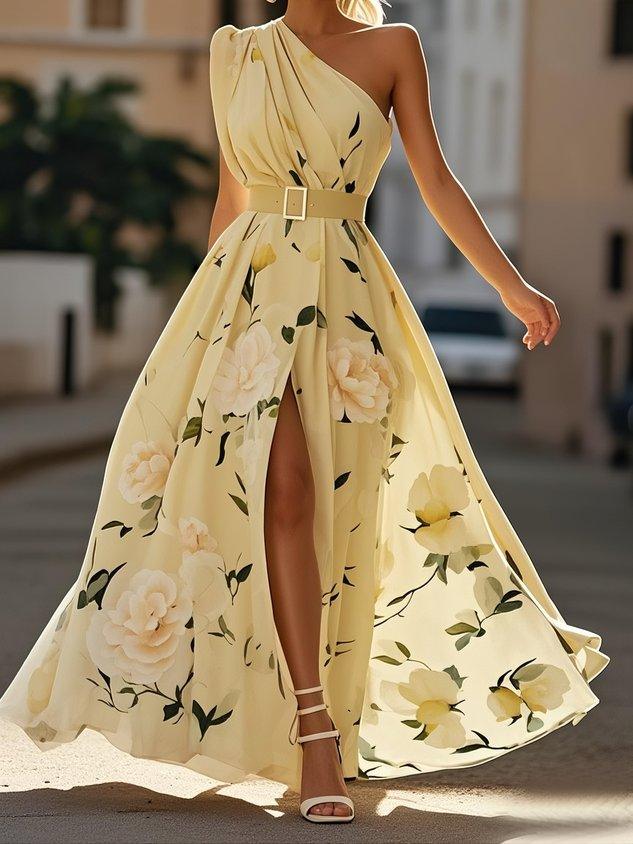 Julie | Robe Maxi Chiffon Fleurie Vert Clair à Une Épaule