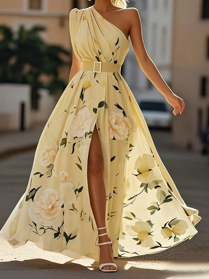 Julie | Robe Maxi Chiffon Fleurie à Une Épaule Vert Clair