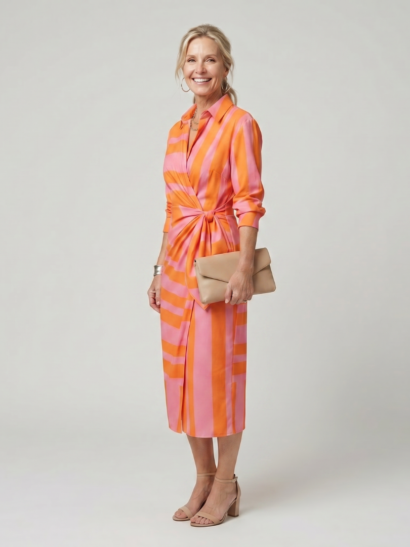 Leya | Robe midi à manches longues et col, motif rayé
