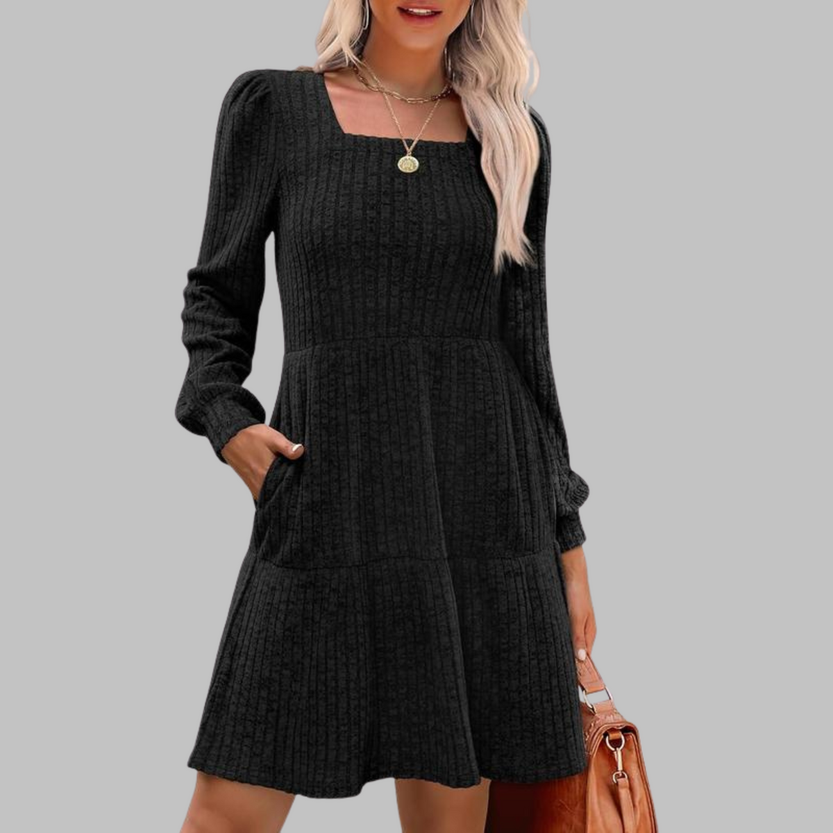 ULAN™ - Casual Square Neck Long Sleeve Midi Dress