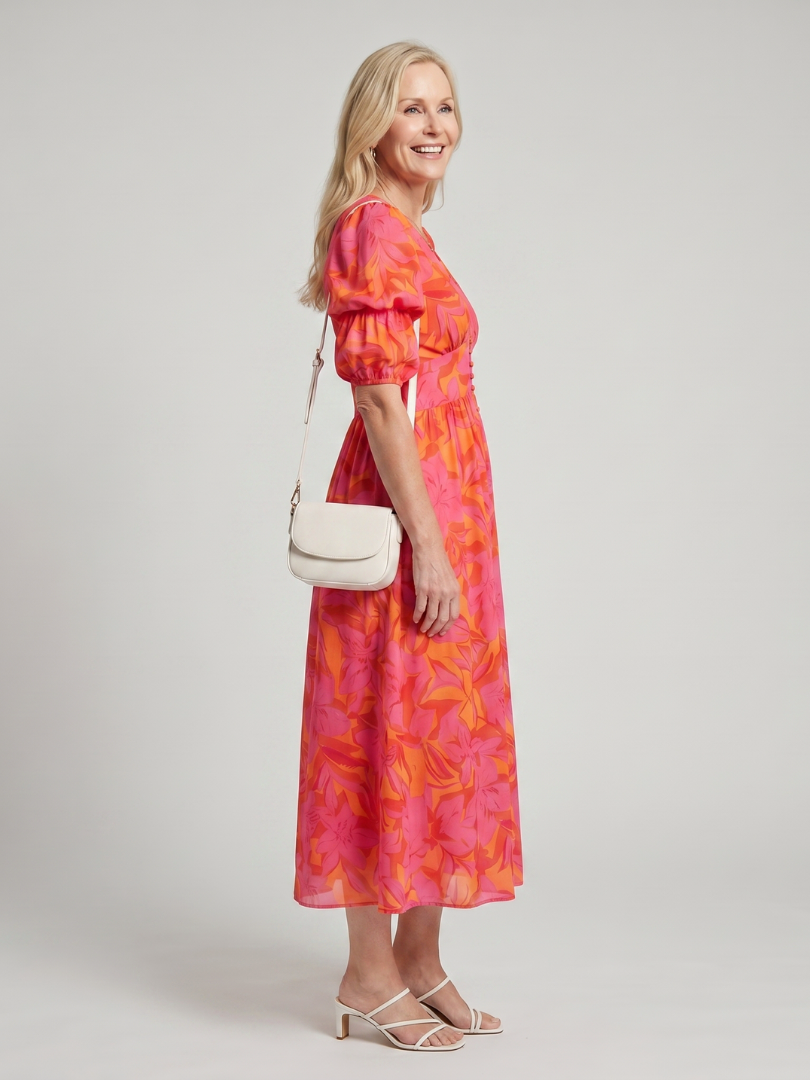 Zarelle | Robe Midi à Manches Bouffantes et Imprimé Floral Audacieux