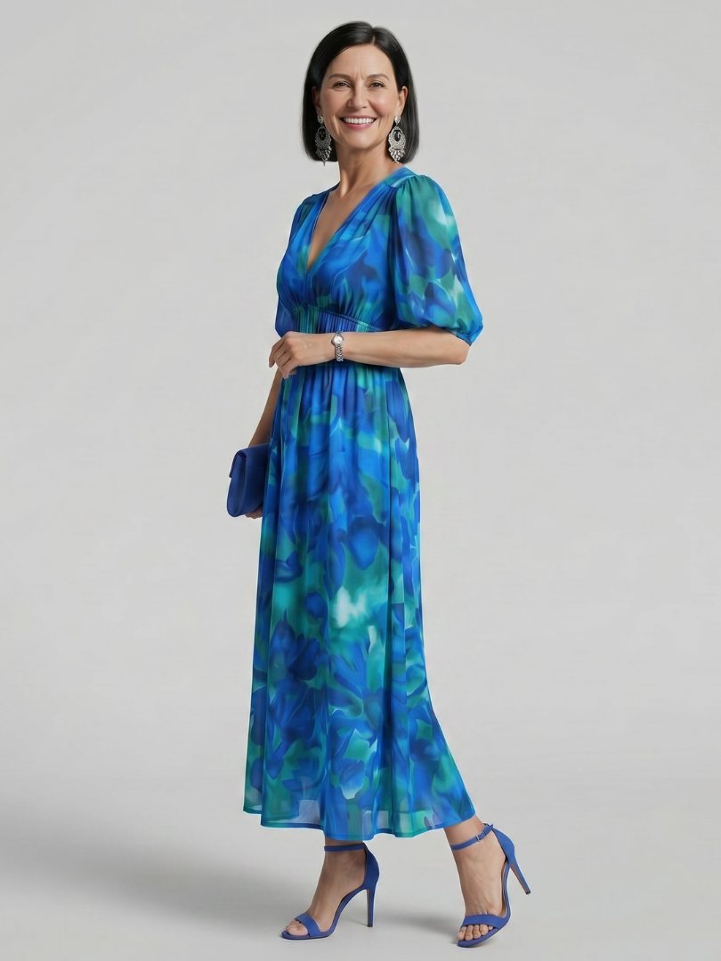 Candlia | Robe Midi à Manches Bouffantes et Imprimé Abstrait en V