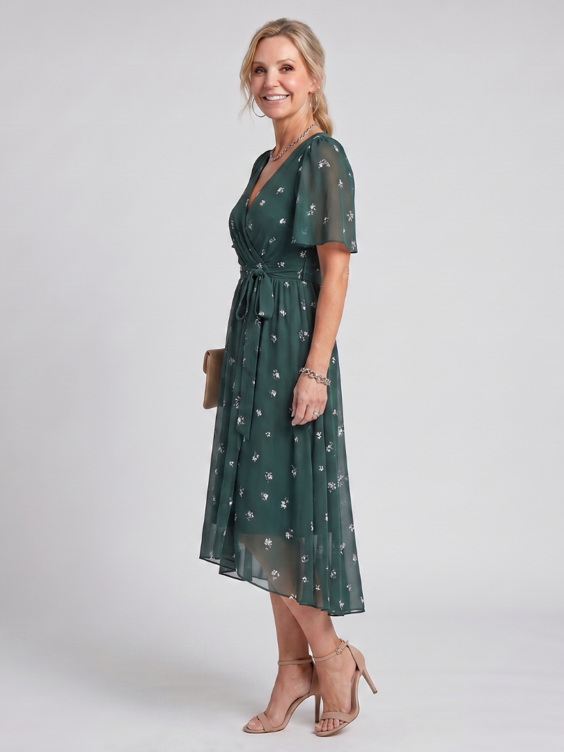 Mirabel | Robe midi à manches volantes et taille froncée avec imprimé floral