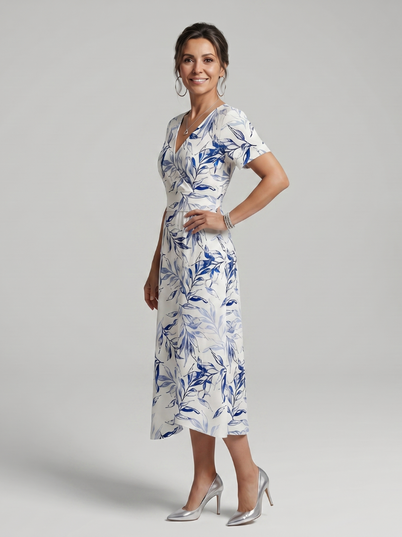 Kael | Botanical Print V-Neck Wrap Midi Dress