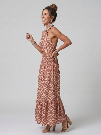 Amira | Robe Midi Découpée Imprimé Géométrique à Encolure Croisée