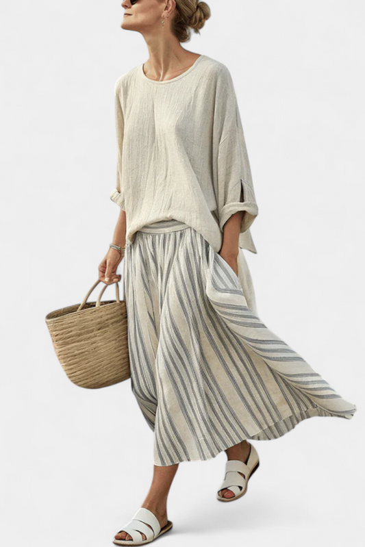Aurcyn | Blouse Loose Confortable & Jupe Midi Rayée