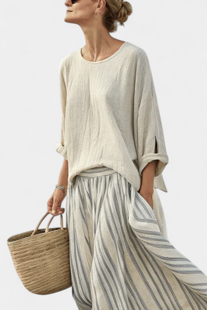 Aurcyn | Blouse Loose Confortable & Jupe Midi Rayée