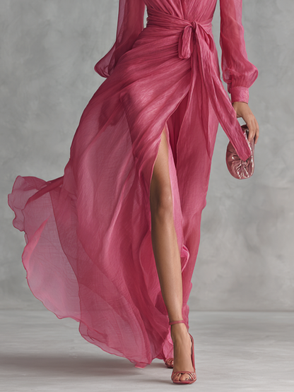 Robe Chiffon Rose Col V