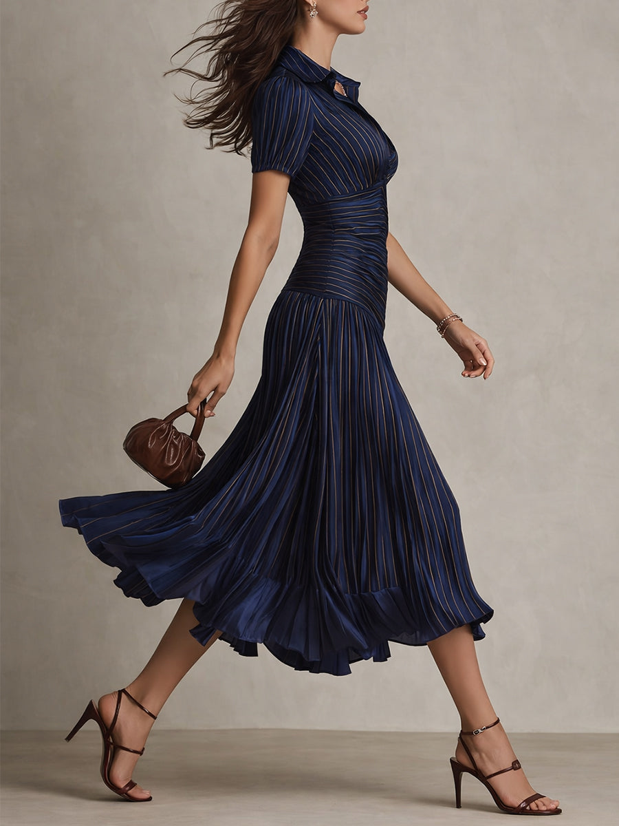 Adriana - Robe Midi en Satin Rayée Rétro