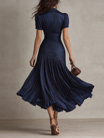 Adriana - Robe Midi en Satin Rayée Rétro