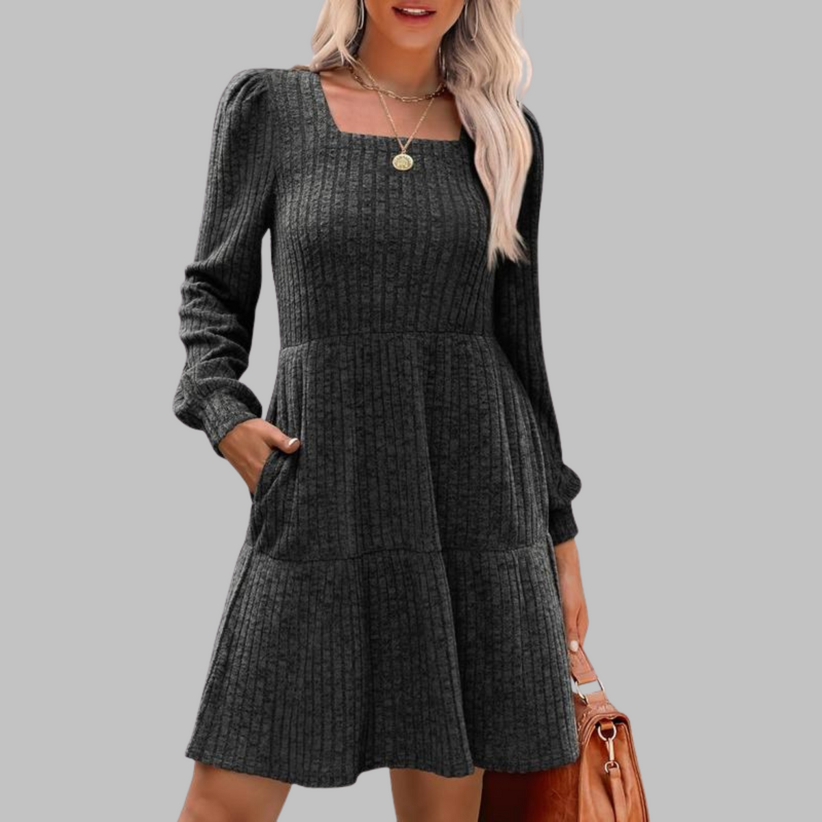 ULAN™ - Casual Square Neck Long Sleeve Midi Dress