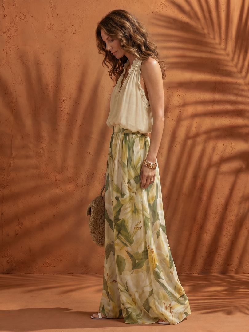 Solange | Blouse à Col Halter Floral avec Pantalon Large