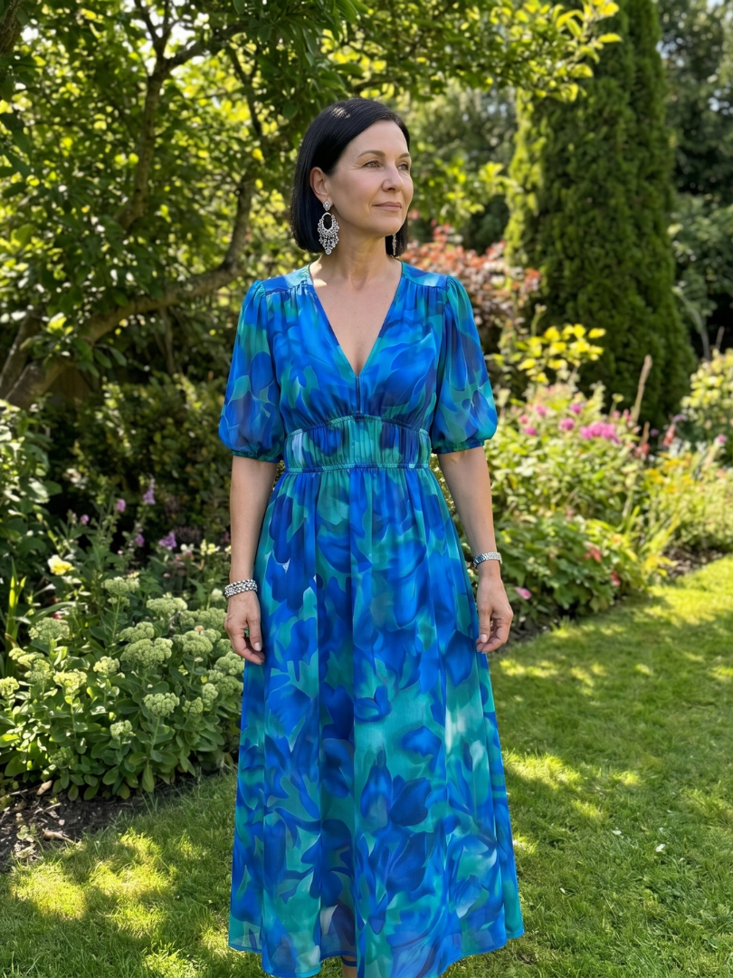 Candlia | Robe Midi à Manches Bouffantes et Imprimé Abstrait en V