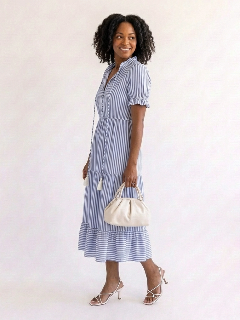 Dakota | Robe midi à manches courtes à rayures en couches