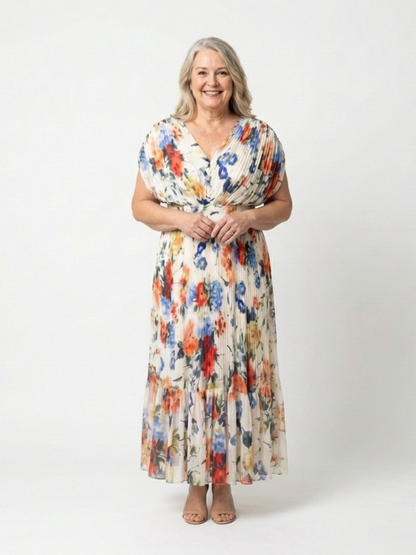 Savannah | Robe Midi Fleurie Plissée à Manches Courtes
