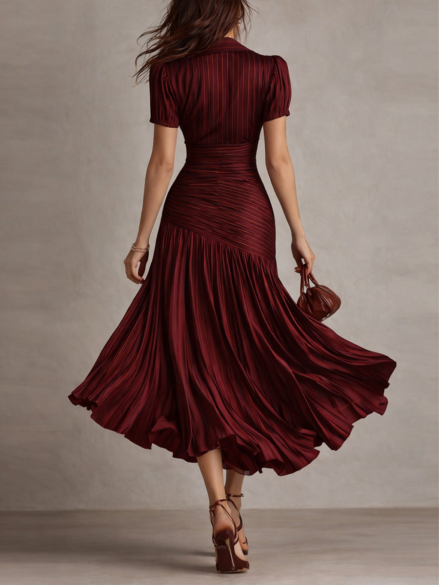Adriana - Robe Midi en Satin Rayée Rétro