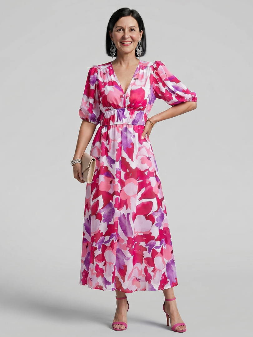 Candlia | Abstract Print Puff Sleeve Midi Dress