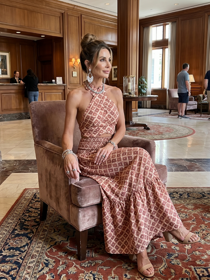 Amira | Robe Midi Découpée Imprimé Géométrique à Encolure Croisée