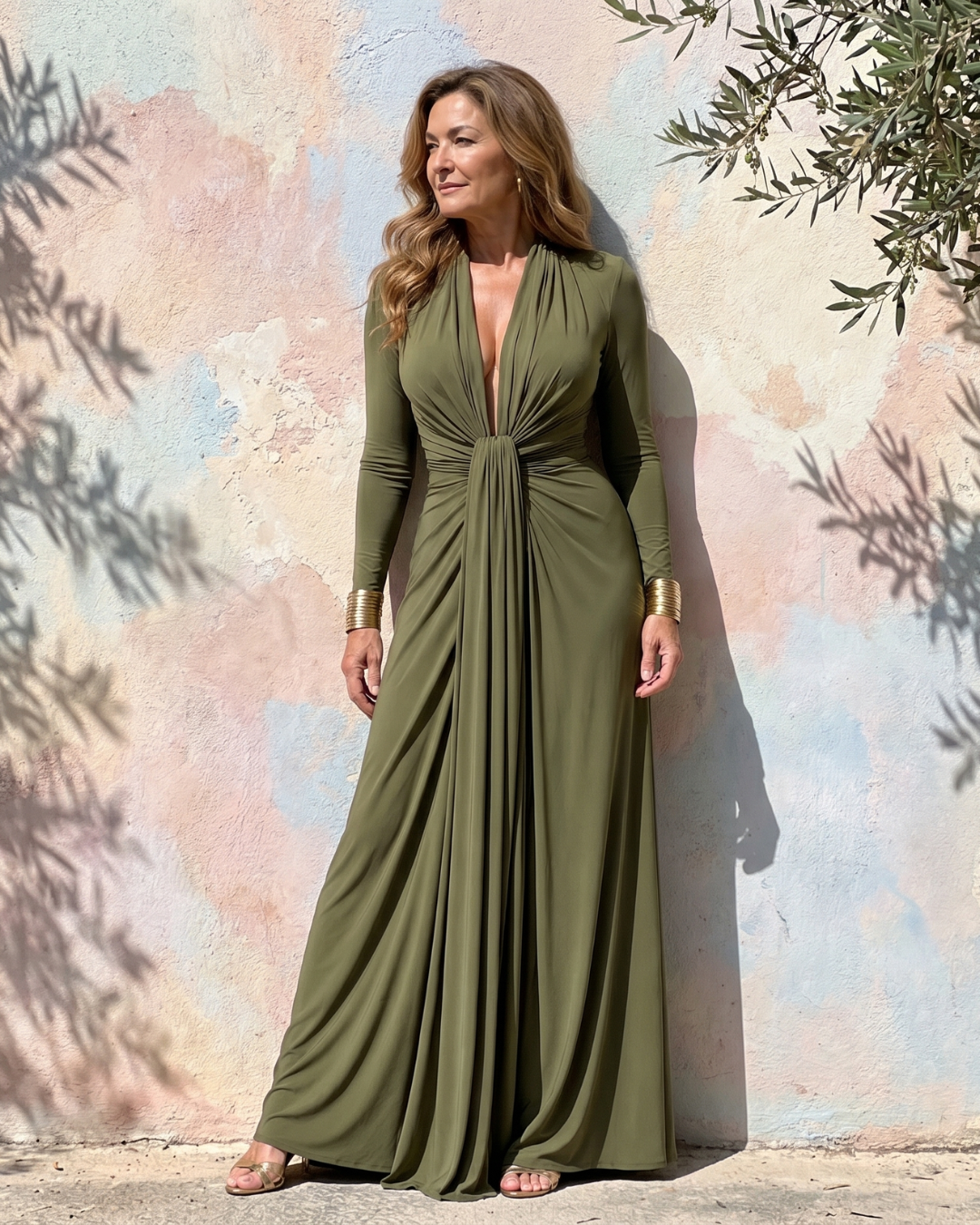 Vimmer | Robe Maxi à Col V Profond Drapée à Manches Longues
