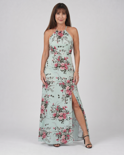Loliane | Robe Midi à Fleurs avec Décolleté Halter et Fente Latérale