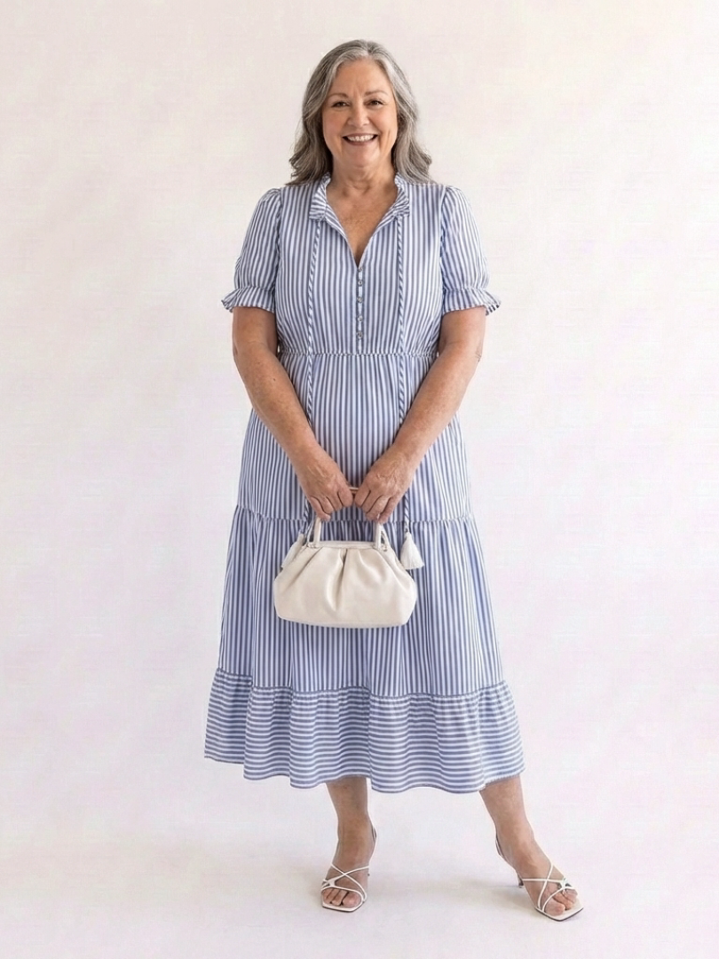 Dakota | Robe midi à manches courtes à rayures en couches