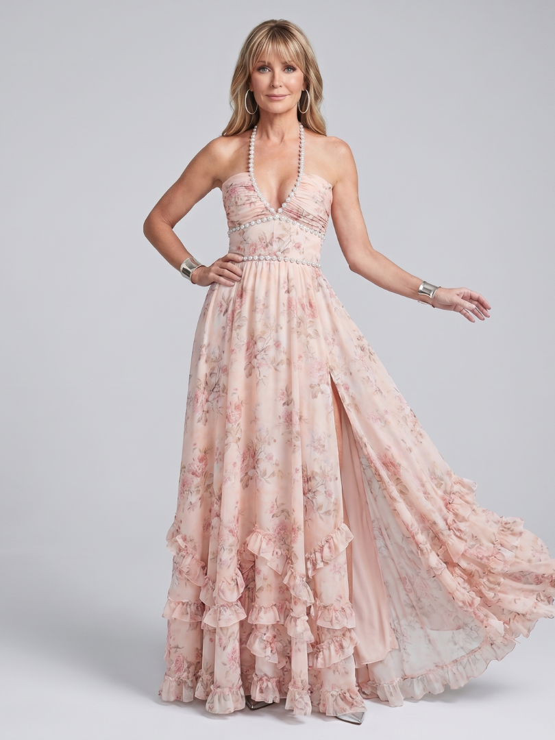 Alessia | Floral Halter Maxi Dress with Beaded Straps