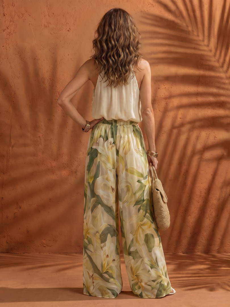 Solange | Blouse à Col Halter Floral avec Pantalon Large