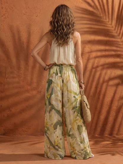 Solange | Blouse à Col Halter Floral avec Pantalon Large