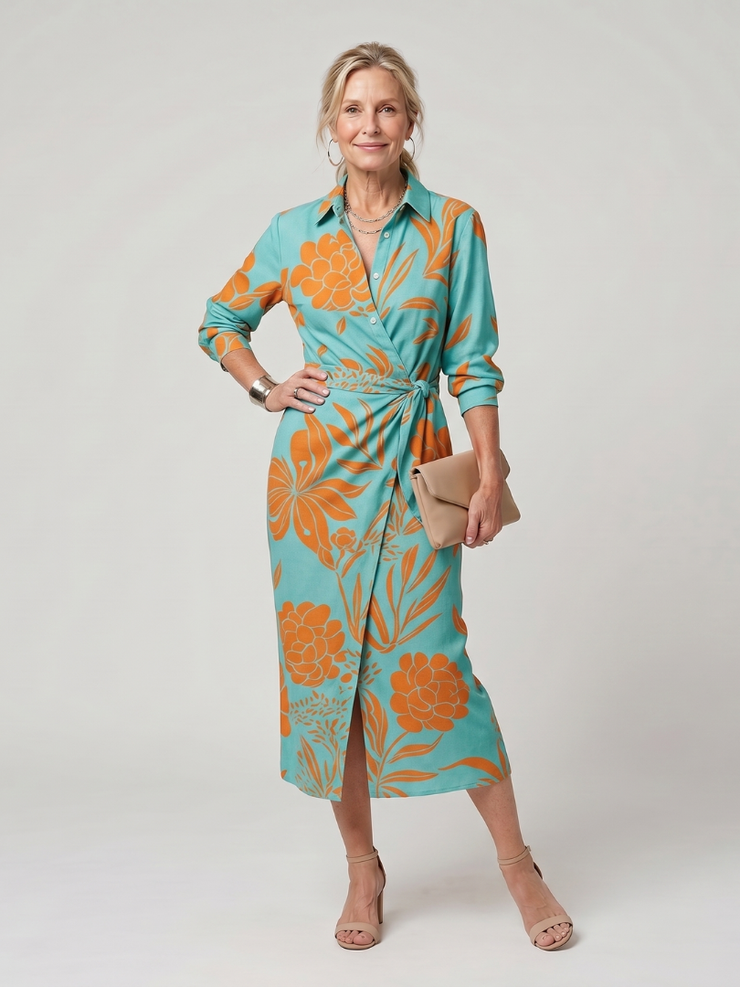 Leya | Robe midi à manches longues et col, motif rayé