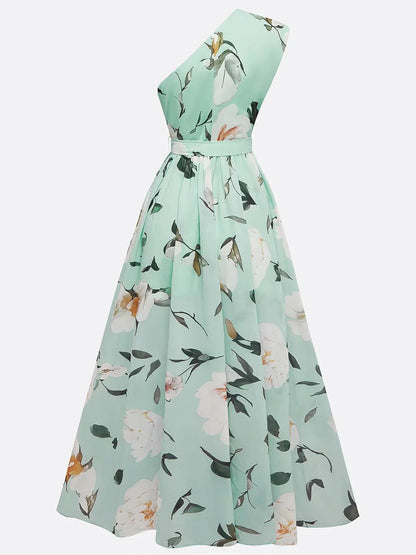 Julie | Robe Maxi Chiffon Fleurie Vert Clair à Une Épaule