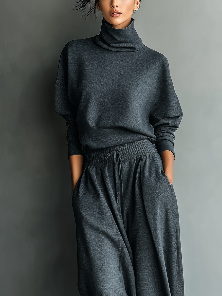 Ensemble Tricot Charbon pour Femmes avec Col Montant et Pantalons Amples