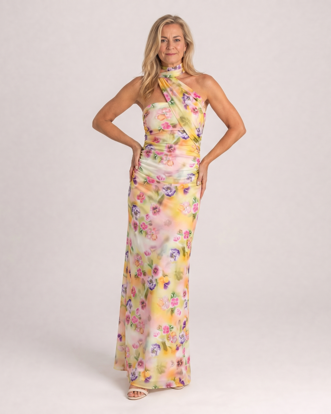 Fijem | Robe Maxi Halter Florale Aquarelle à Une Épaule