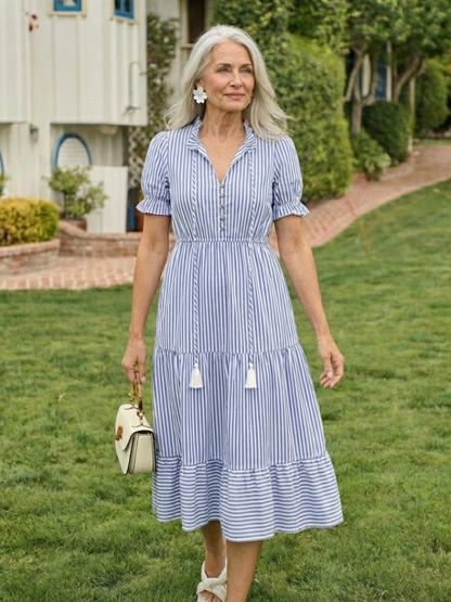 Dakota | Robe midi à manches courtes à rayures en couches