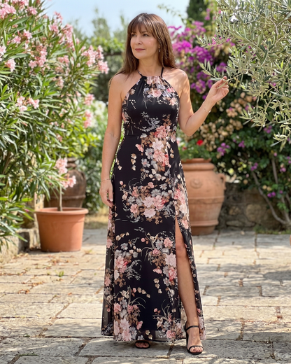 Loliane | Robe Midi à Fleurs avec Décolleté Halter et Fente Latérale