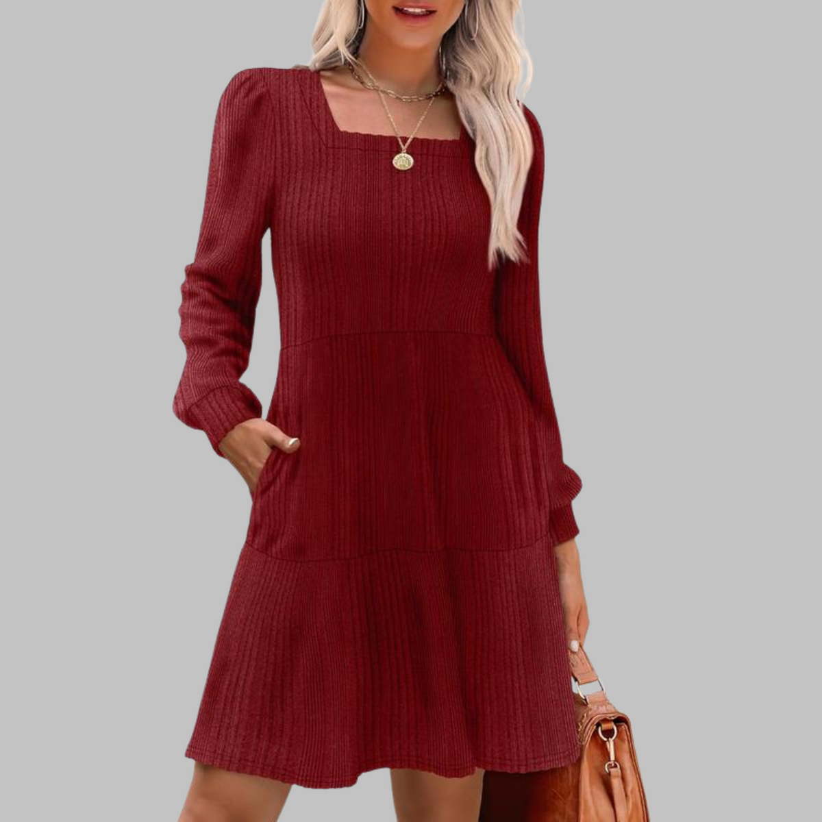 ULAN™ - Casual Square Neck Long Sleeve Midi Dress