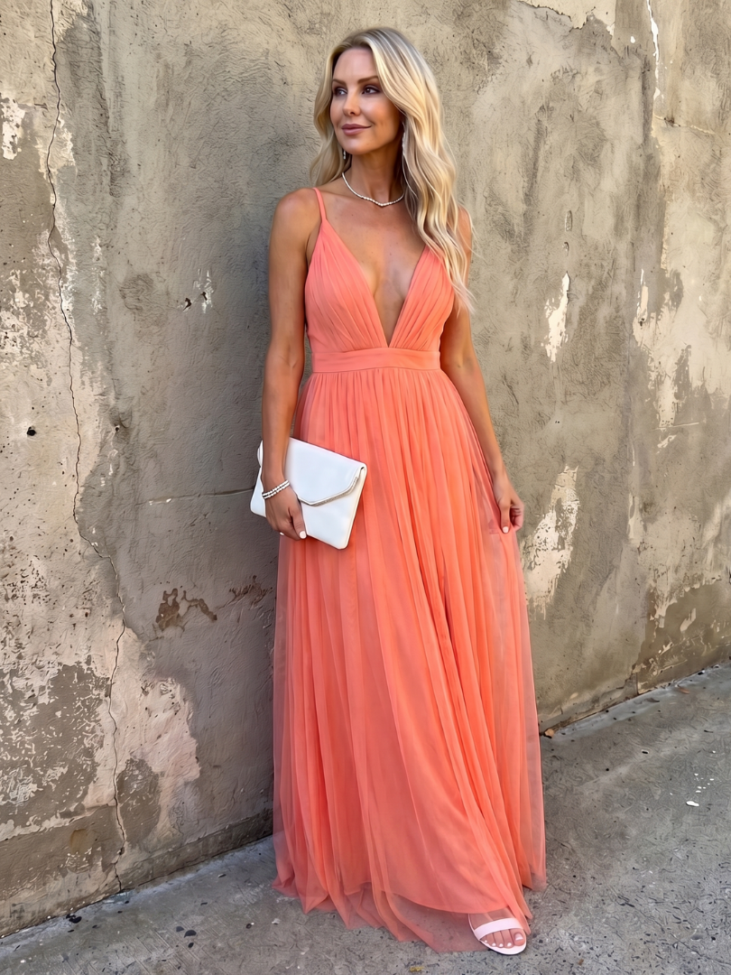 Tia | Pleated Deep V-Neck Maxi Dress
