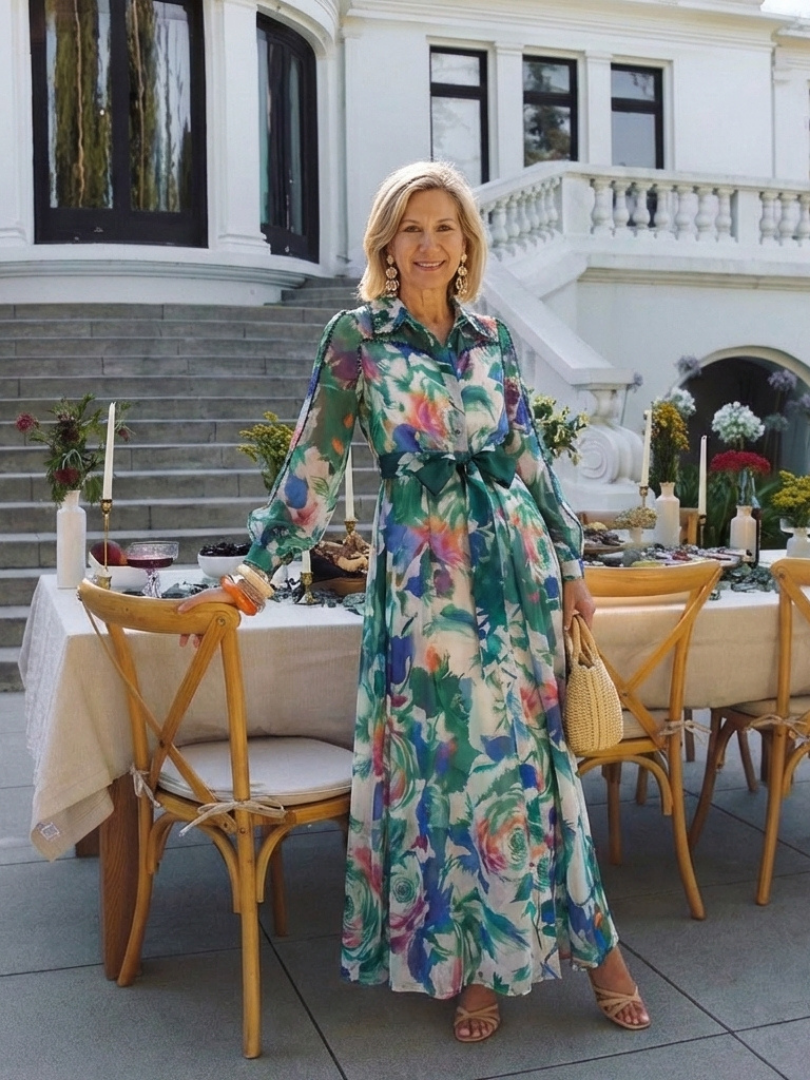 Carolina | Robe maxi à manches longues imprimée avec ceinture