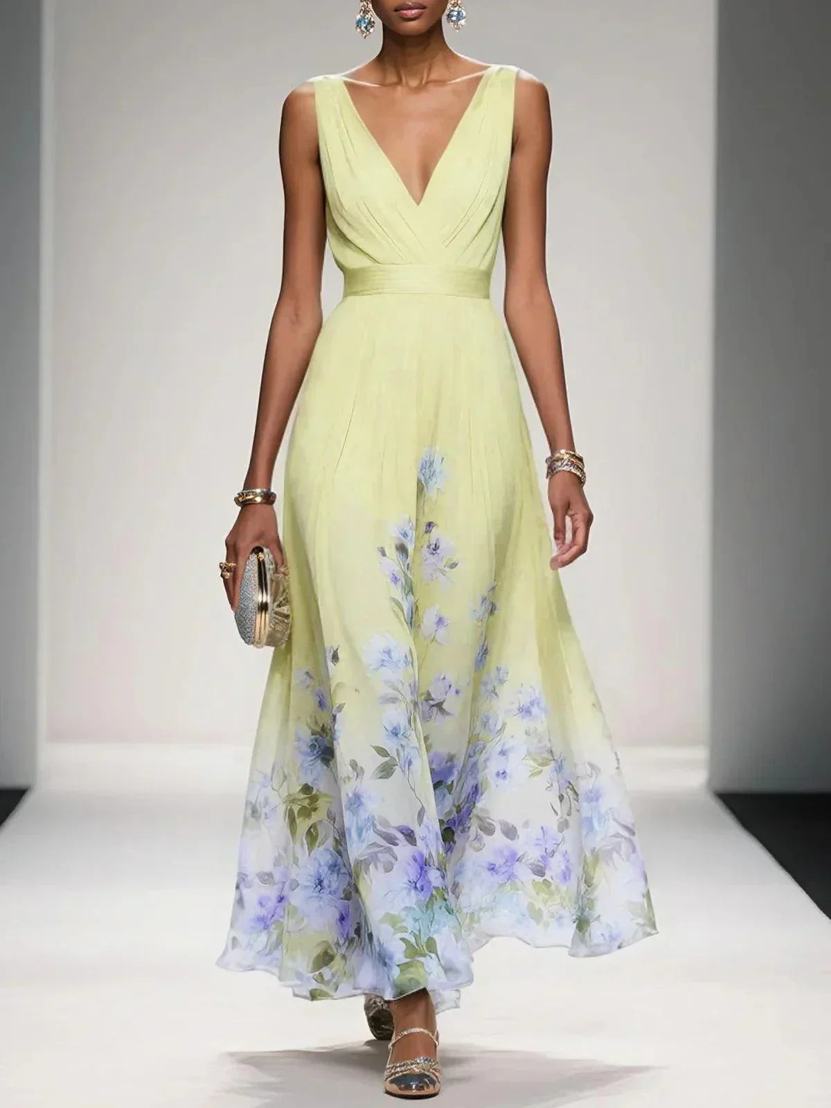 Robe Maxi V-Neck en Chiffon Floral Bleu Clair