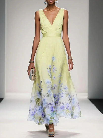 Robe Maxi V-Neck en Chiffon Floral Bleu Clair