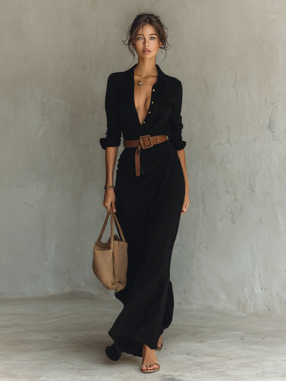 Robe Maxi Longue avec Col Noté et Manches Longues pour Femmes