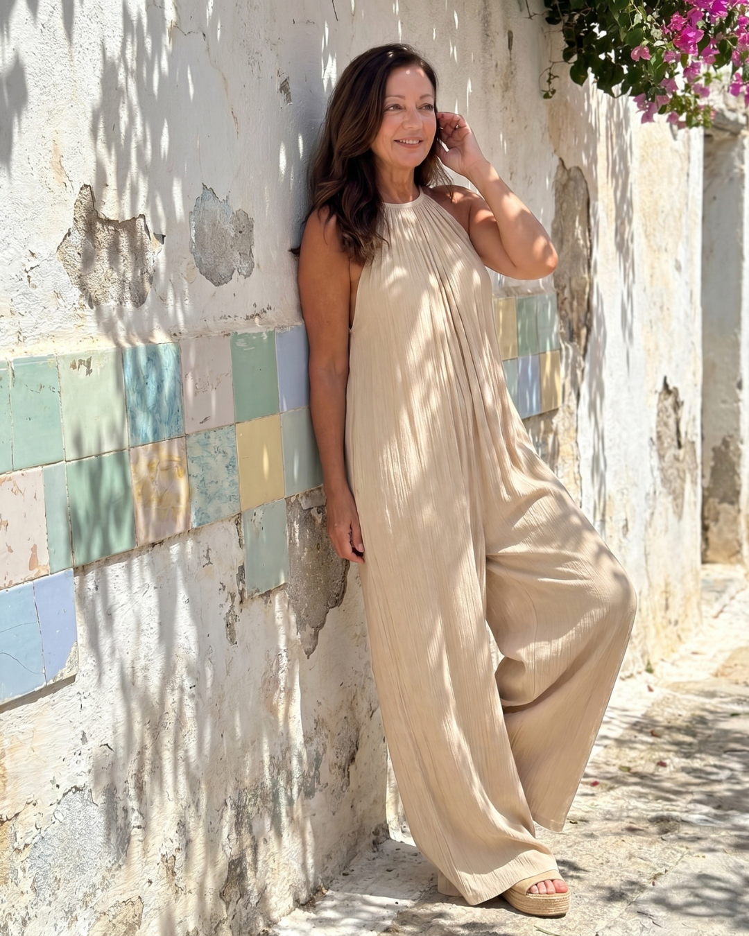 Sylvara | Combinaison Relaxed à Encolure Halter Plissée et Jambes Larges