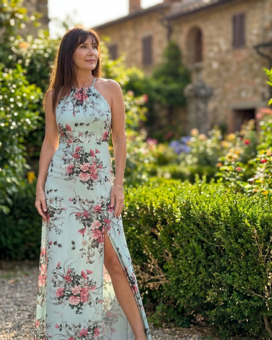 Loliane | Robe Midi à Fleurs avec Décolleté Halter et Fente Latérale