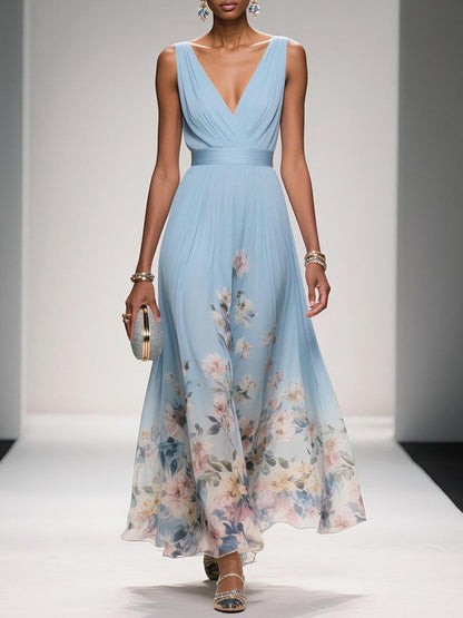 Robe Maxi V-Neck en Chiffon Floral Bleu Clair